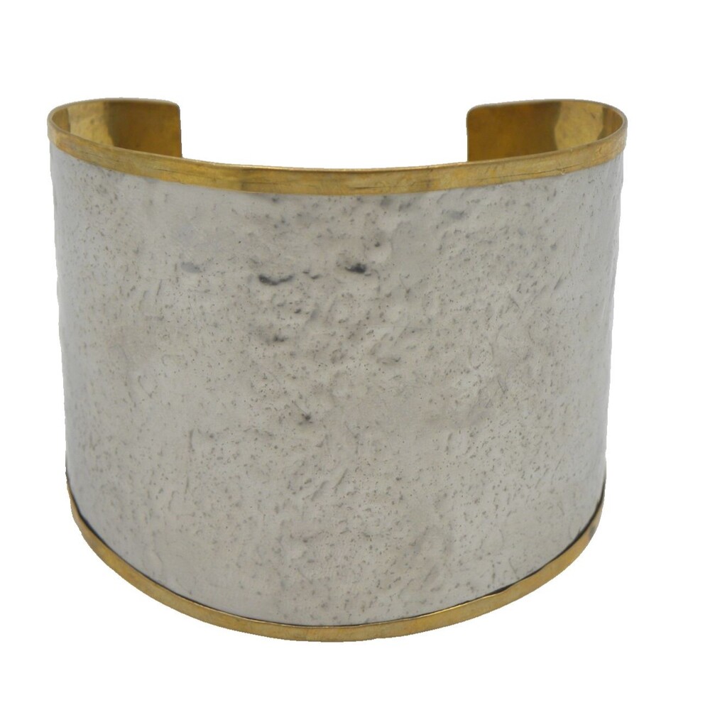 Wide Cuff Bangle Bracelet Two Tone Silver Brass Hammered Statement Boho Chic